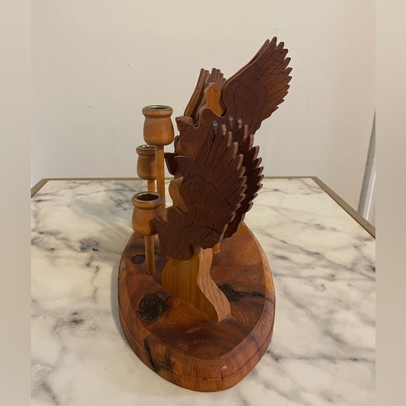 Primitive Wooden Hand Made Triple Angel Taper Candle Stick Holder - Picture 5 of 12